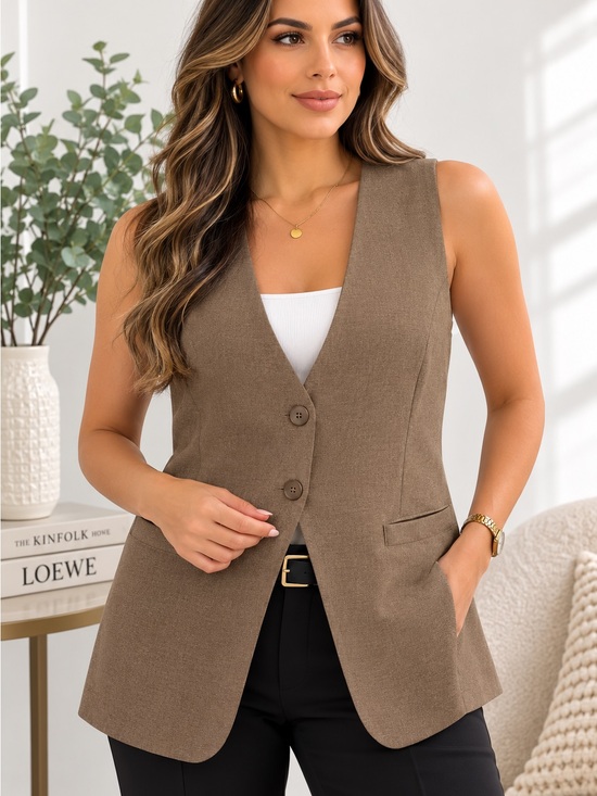 Mustard Seed Jackets & Blazers - Mustard Seed Women’s Medium Taupe Tailored Vest Sleeveless Button Front Longline
